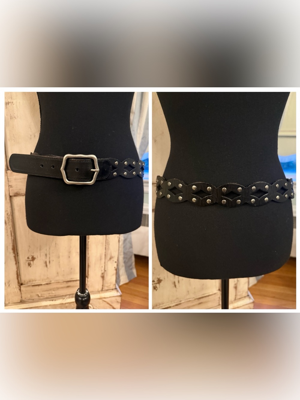 Fossil Black leather boho belt with silver buckle and studs. Medium